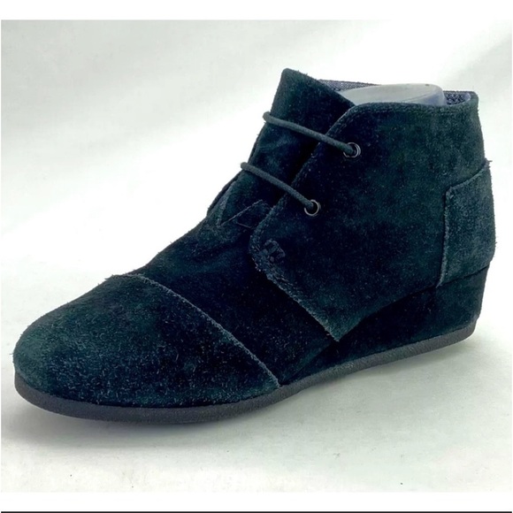 Toms Boots Black Ws Sz 6 Fashion Booties Suede Leather Wedge Desert Boho Lace Up - Picture 13 of 15